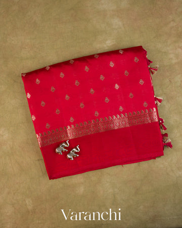 Tomato Red Pure Dupion Silk Handloom Saree — Folded