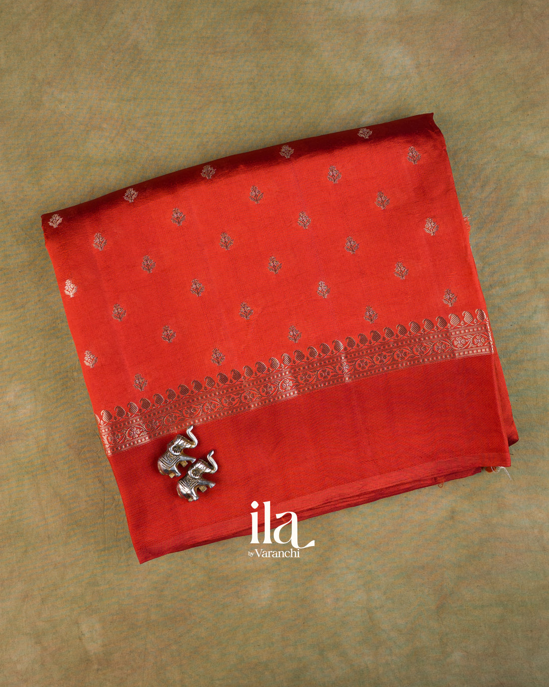 Rust Orange Pure Dupion Silk Handloom Saree — Folded