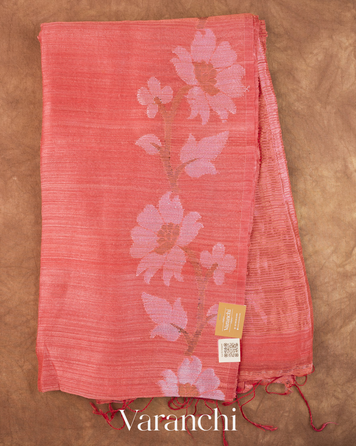 Peach Pink Floral Jamdani Pure Matka Silk Handloom Saree — Full Saree