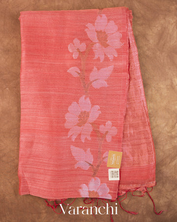 Peach Pink Floral Jamdani Pure Matka Silk Handloom Saree — Full Saree