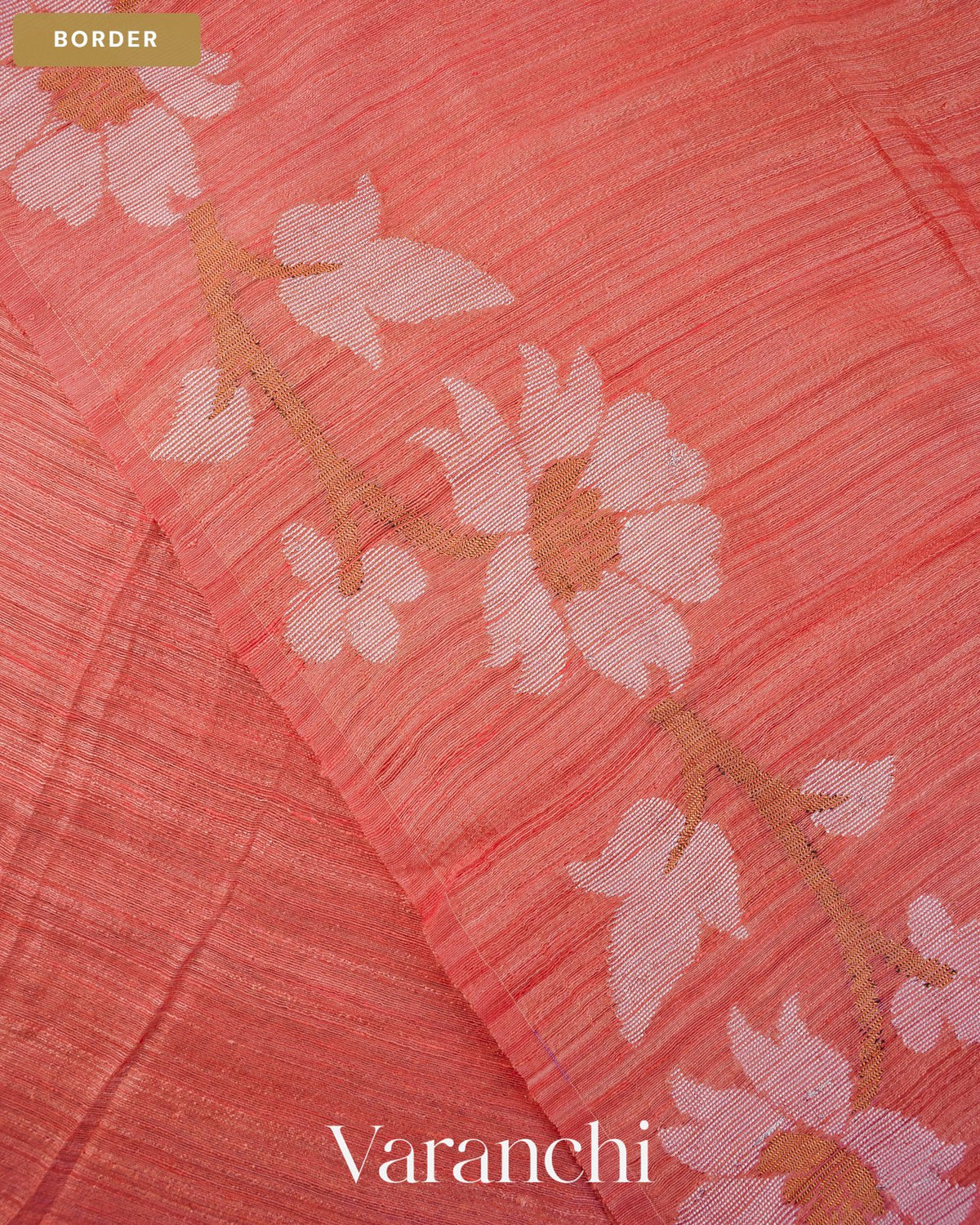 Peach Pink Floral Jamdani Pure Matka Silk Handloom Saree — Border