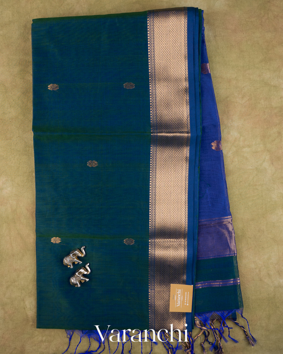 Peacock Blue Pure Maheshwari Silk Cotton Handloom Saree — Full Saree