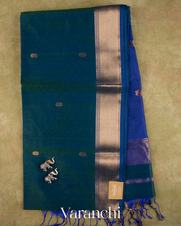 Peacock Blue Pure Maheshwari Silk Cotton Handloom Saree — Full Saree