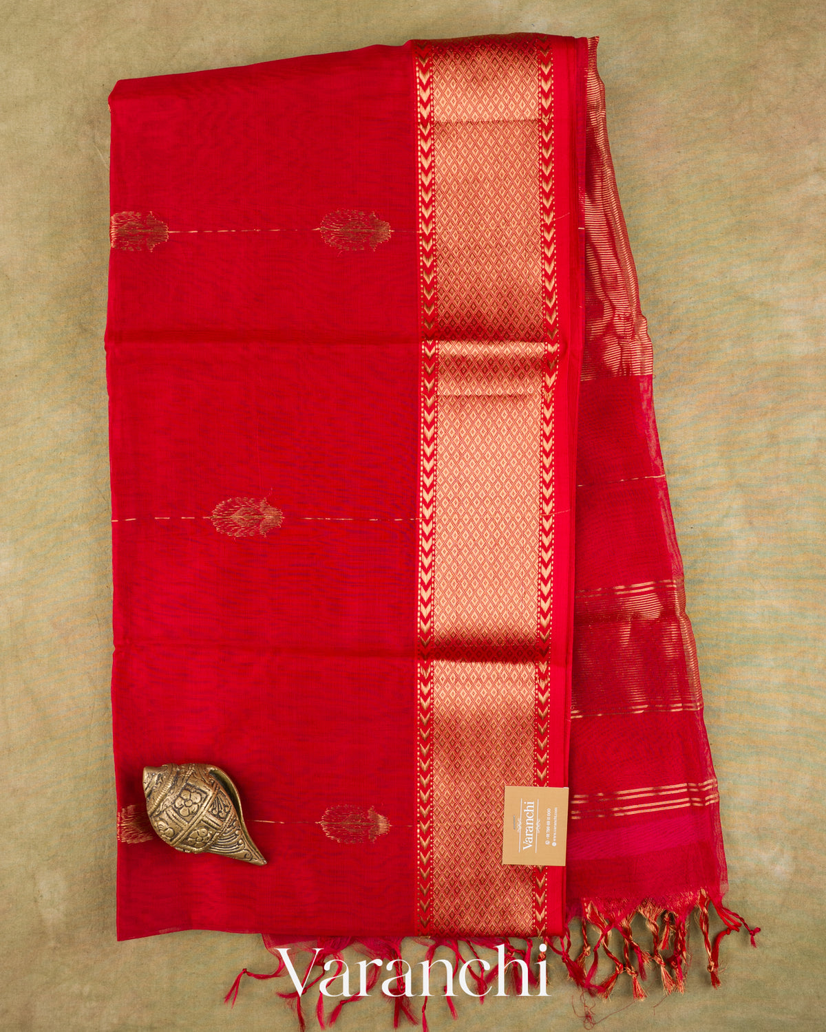 Bright Red Pure Maheshwari Silk Cotton Handloom Saree — Full Saree