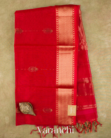 Bright Red Pure Maheshwari Silk Cotton Handloom Saree — Full Saree