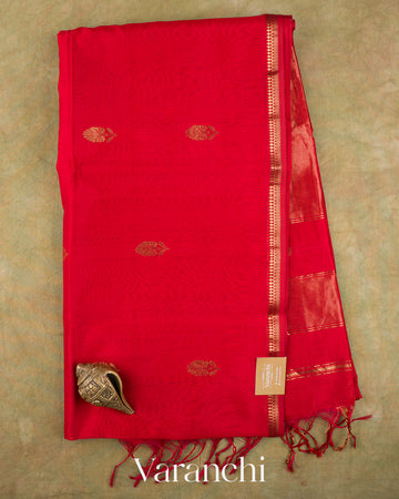 Bright Red Pure Maheshwari Silk Cotton Handloom Saree — Full Saree