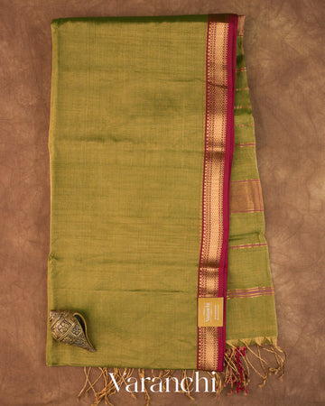 Mehandi Green Pure Maheshwari Silk Cotton Handloom Saree — Full Saree