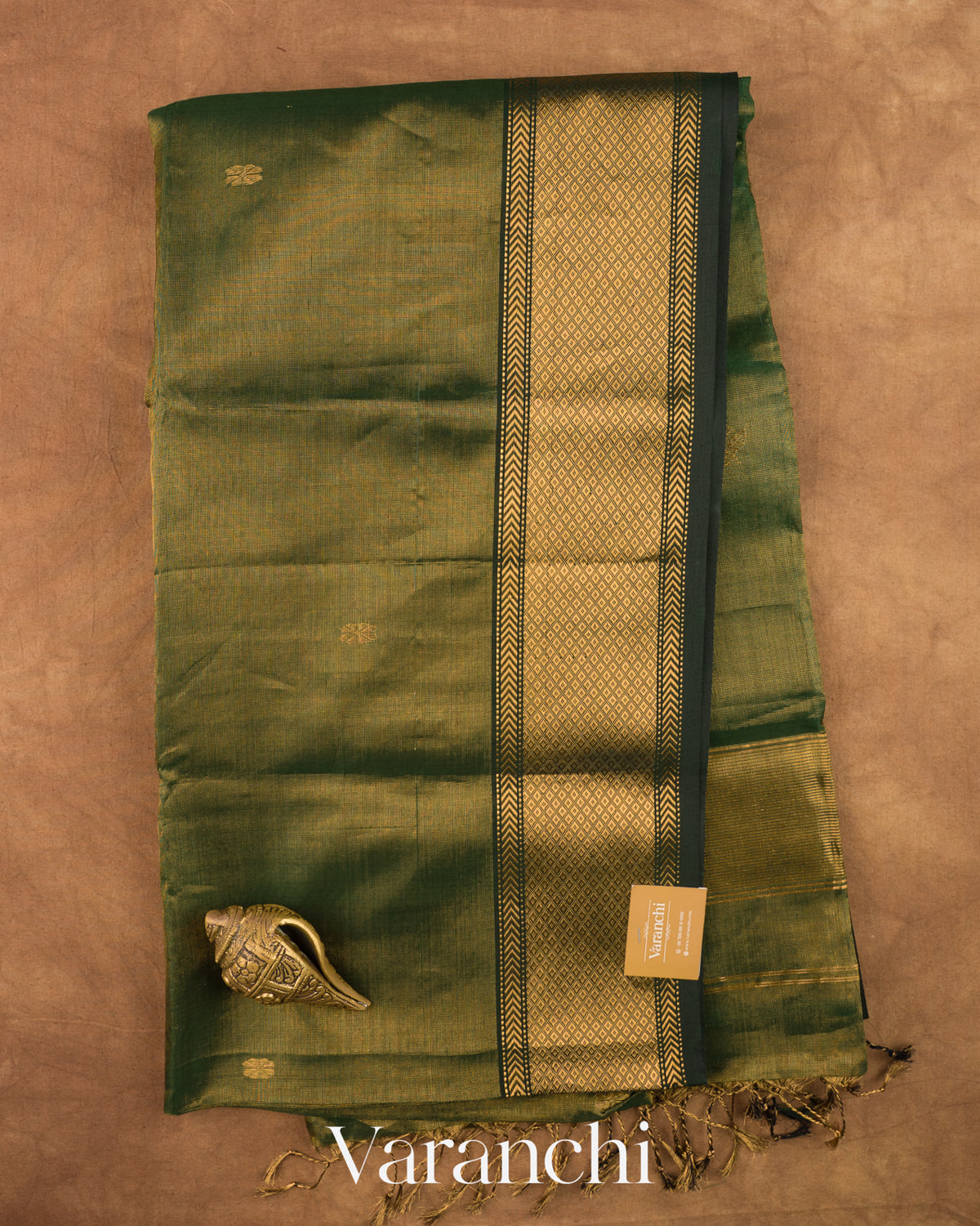 Bottle Green Pure Maheshwari Silk Cotton Handloom Saree — Full Saree