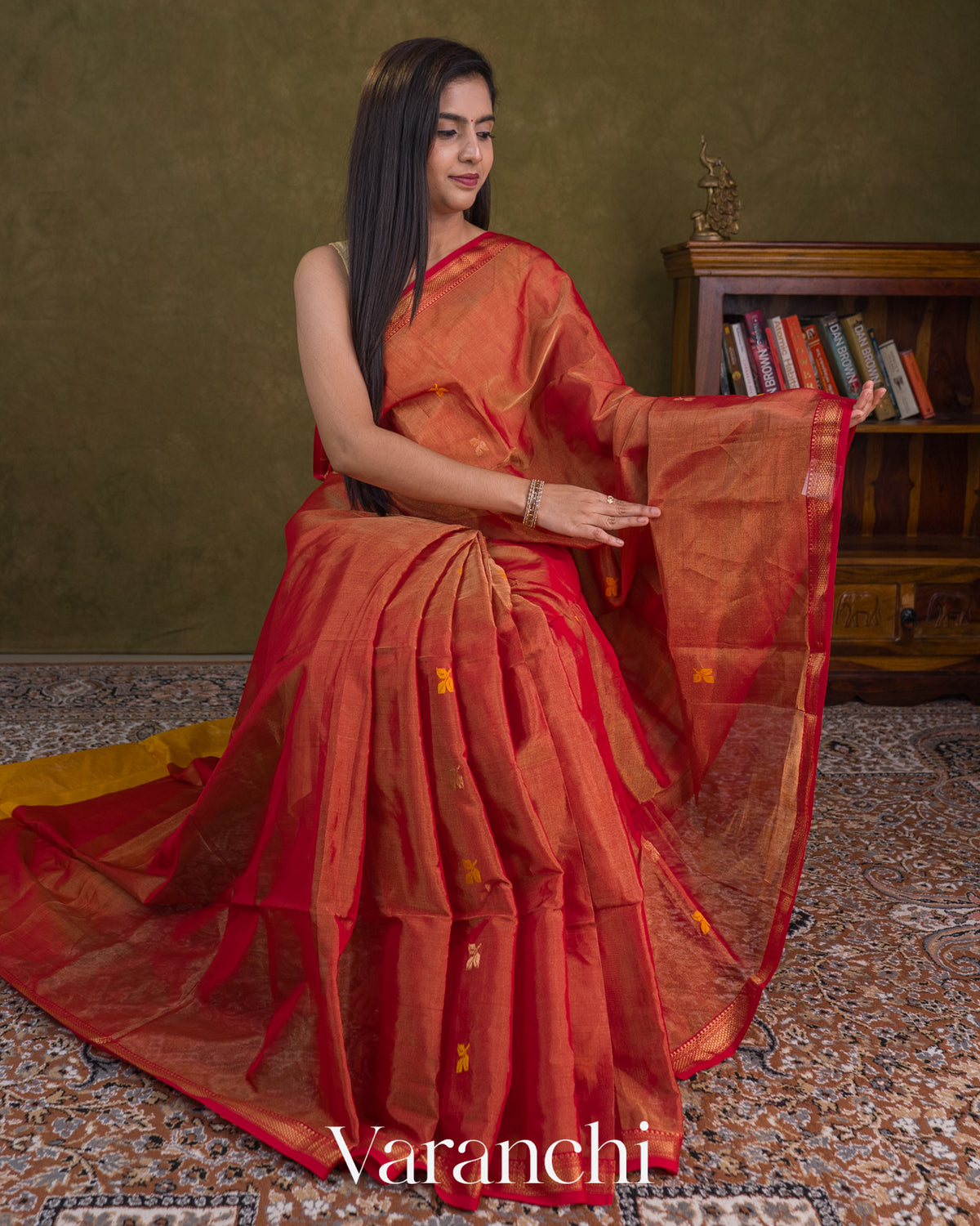 Rust Orange Pure Maheshwari Silk Cotton Handloom Saree — Draped