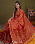 Rust Orange Pure Maheshwari Silk Cotton Handloom Saree — Draped