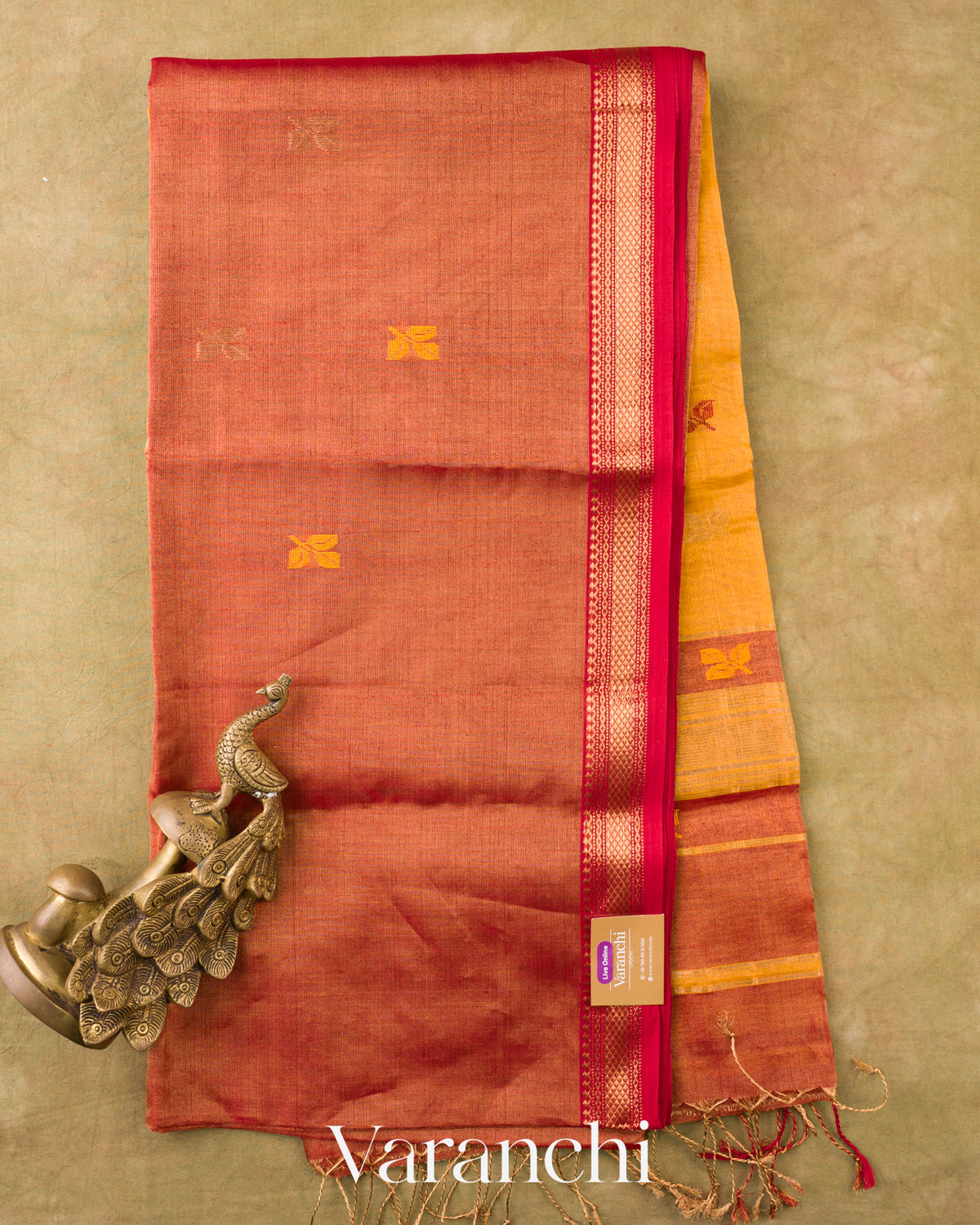 Rust Orange Pure Maheshwari Silk Cotton Handloom Saree — Full Saree