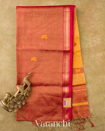 Rust Orange Pure Maheshwari Silk Cotton Handloom Saree — Full Saree