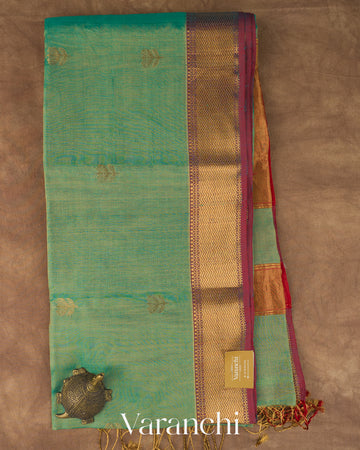 Aqua Blue Pure Maheshwari Silk Cotton Handloom Saree — Folded