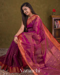 Purple Zigzag Borderd Pure Maheshwari Silk Cotton Handloom Saree — Draped