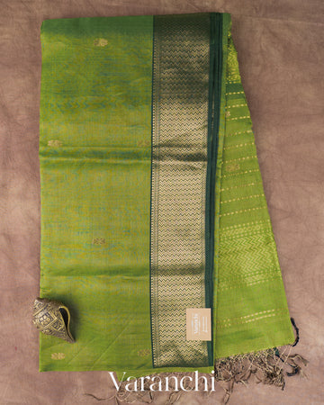 Parrot Green Zigzag Borderd Pure Maheshwari Silk Cotton Handloom Saree — Full Saree