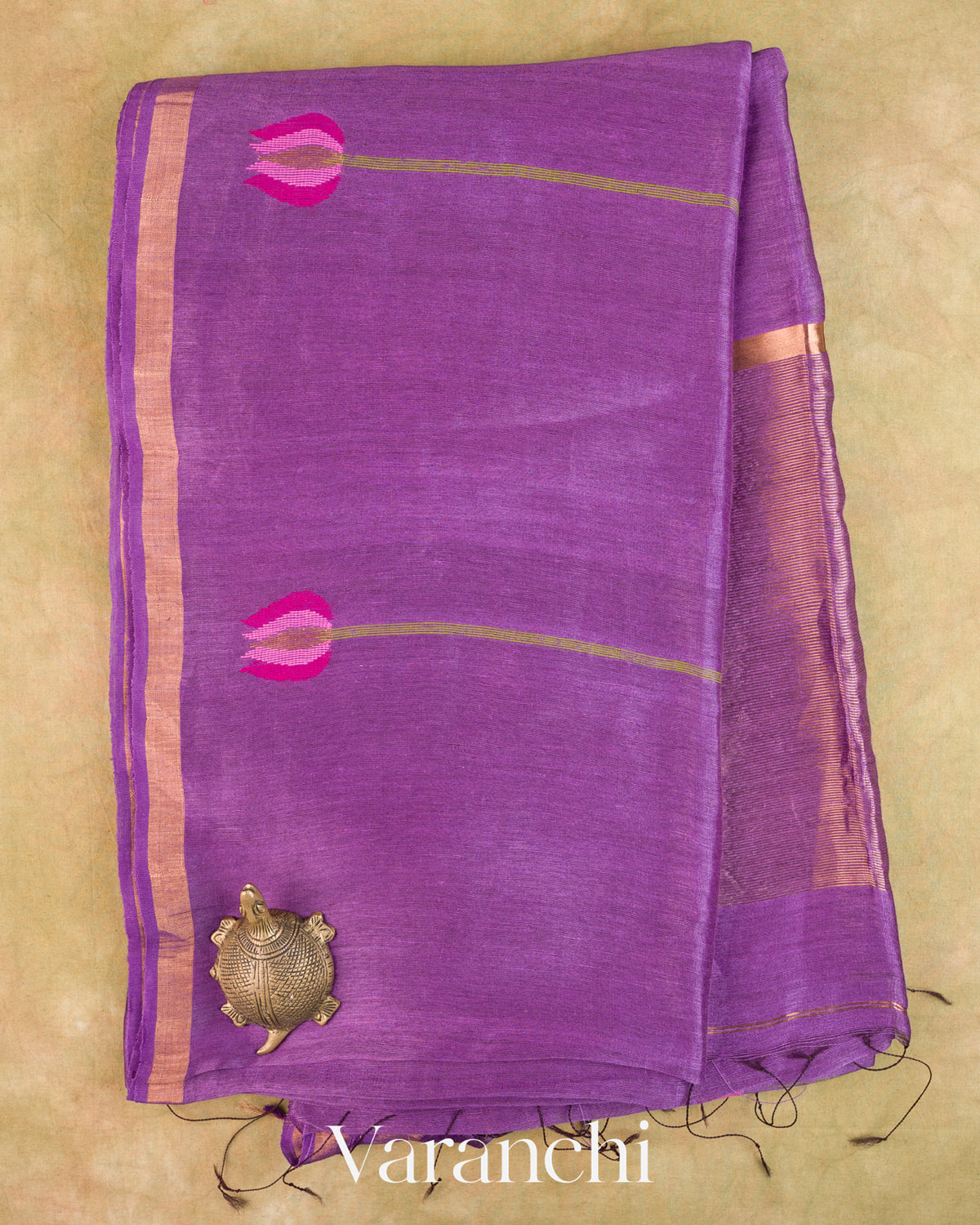 Violet Lotus Jamdani Pure Silk Linen Handloom Saree — Full Saree