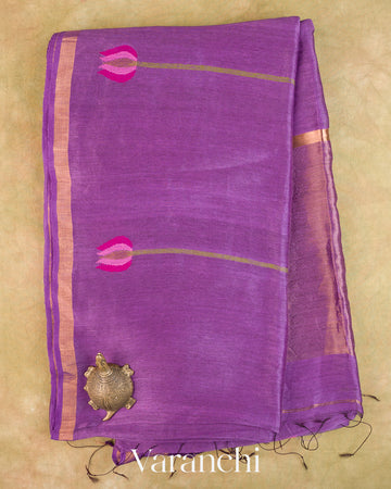 Violet Lotus Jamdani Pure Silk Linen Handloom Saree — Full Saree