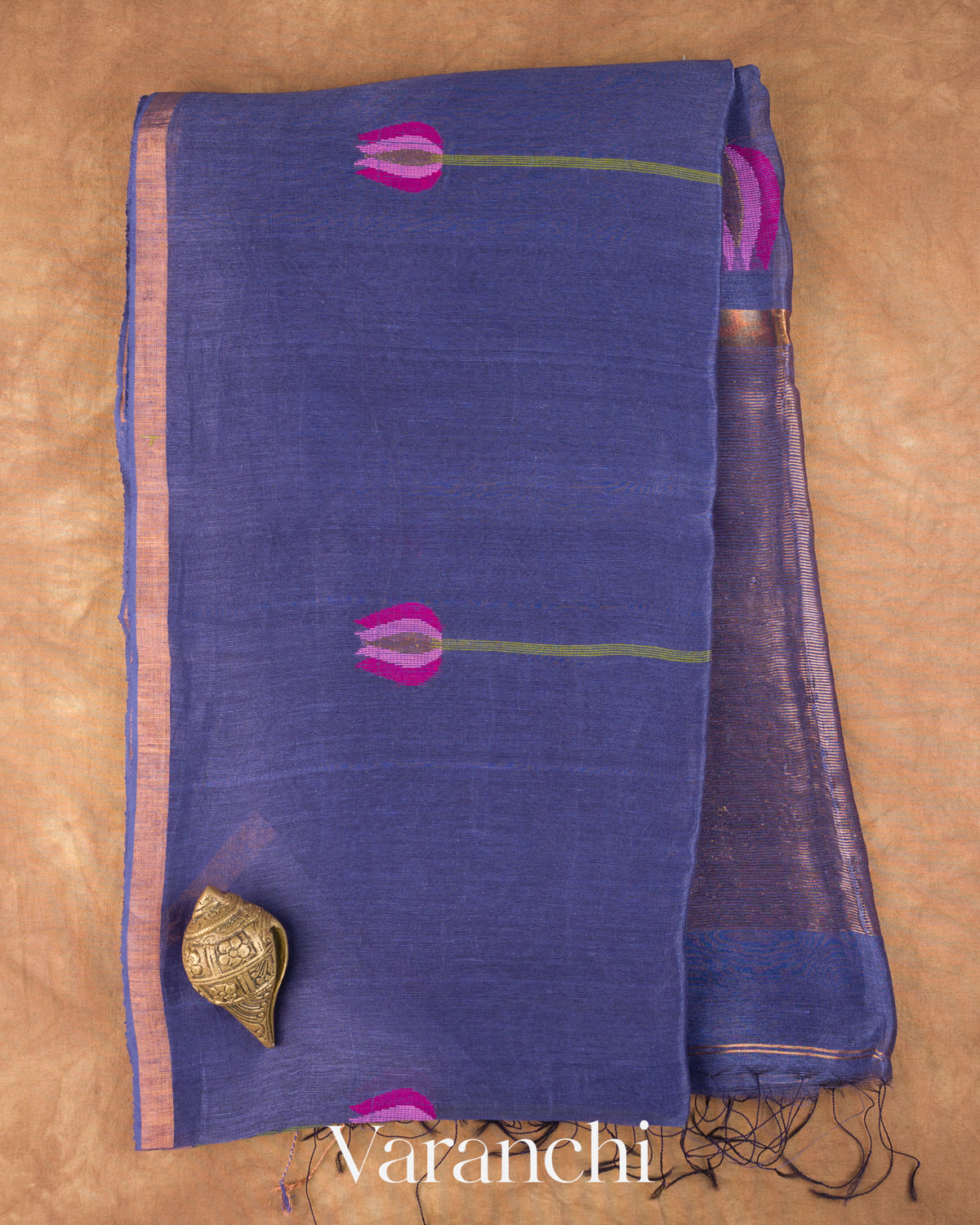 Midnight Blue Lotus Jamdani Pure Silk Linen Handloom Saree — Full Saree