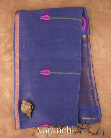 Midnight Blue Lotus Jamdani Pure Silk Linen Handloom Saree — Full Saree