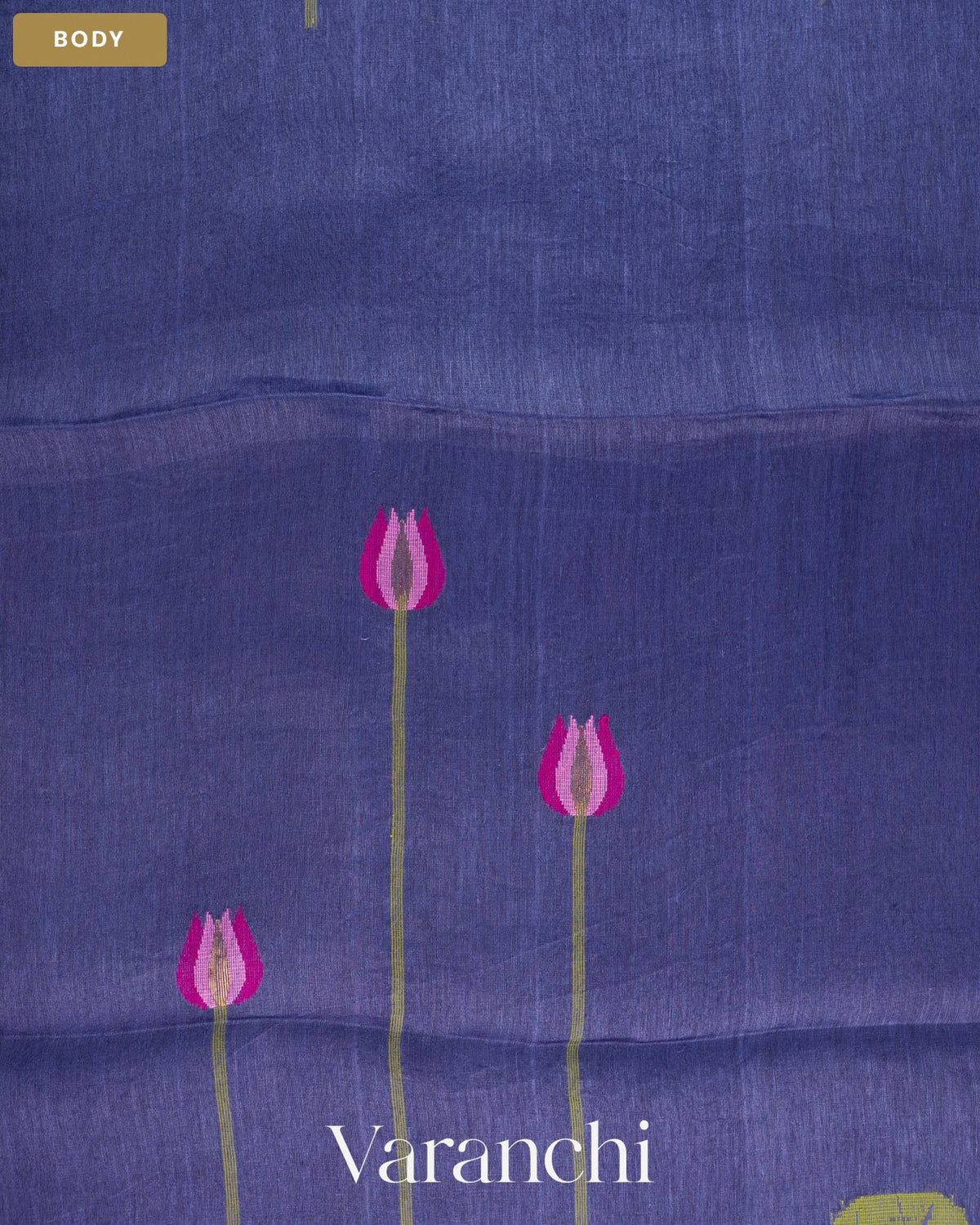 Midnight Blue Lotus Jamdani Pure Silk Linen Handloom Saree — Body