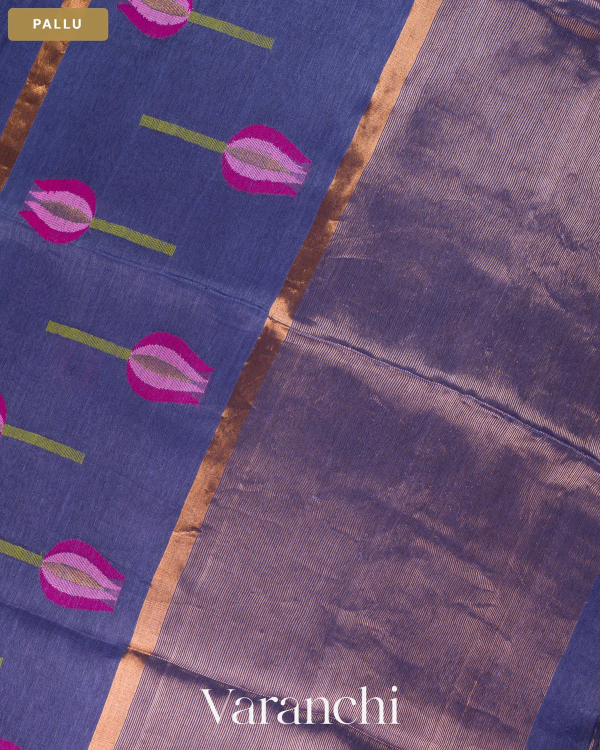 Midnight Blue Lotus Jamdani Pure Silk Linen Handloom Saree — Pallu