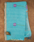 Cyan Blue Lotus Jamdani Pure Silk Linen Handloom Saree — Full Saree