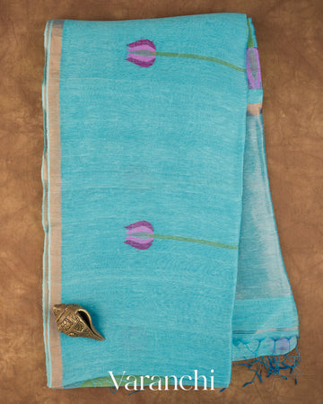 Cyan Blue Lotus Jamdani Pure Silk Linen Handloom Saree — Full Saree