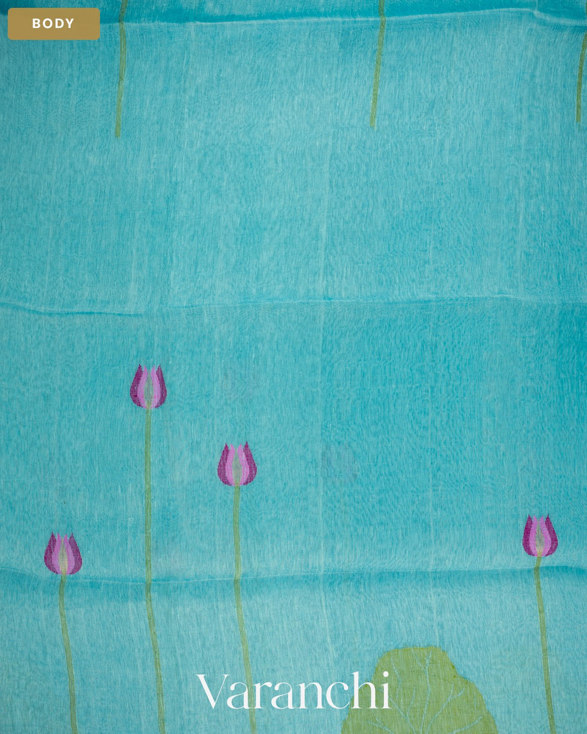 Cyan Blue Lotus Jamdani Pure Silk Linen Handloom Saree — Body