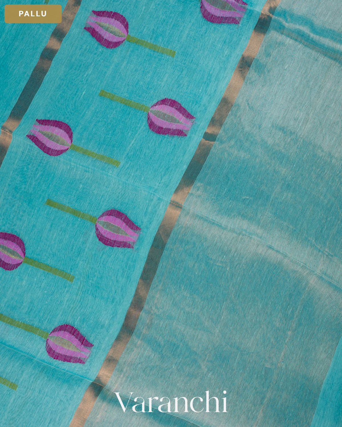 Cyan Blue Lotus Jamdani Pure Silk Linen Handloom Saree — Pallu