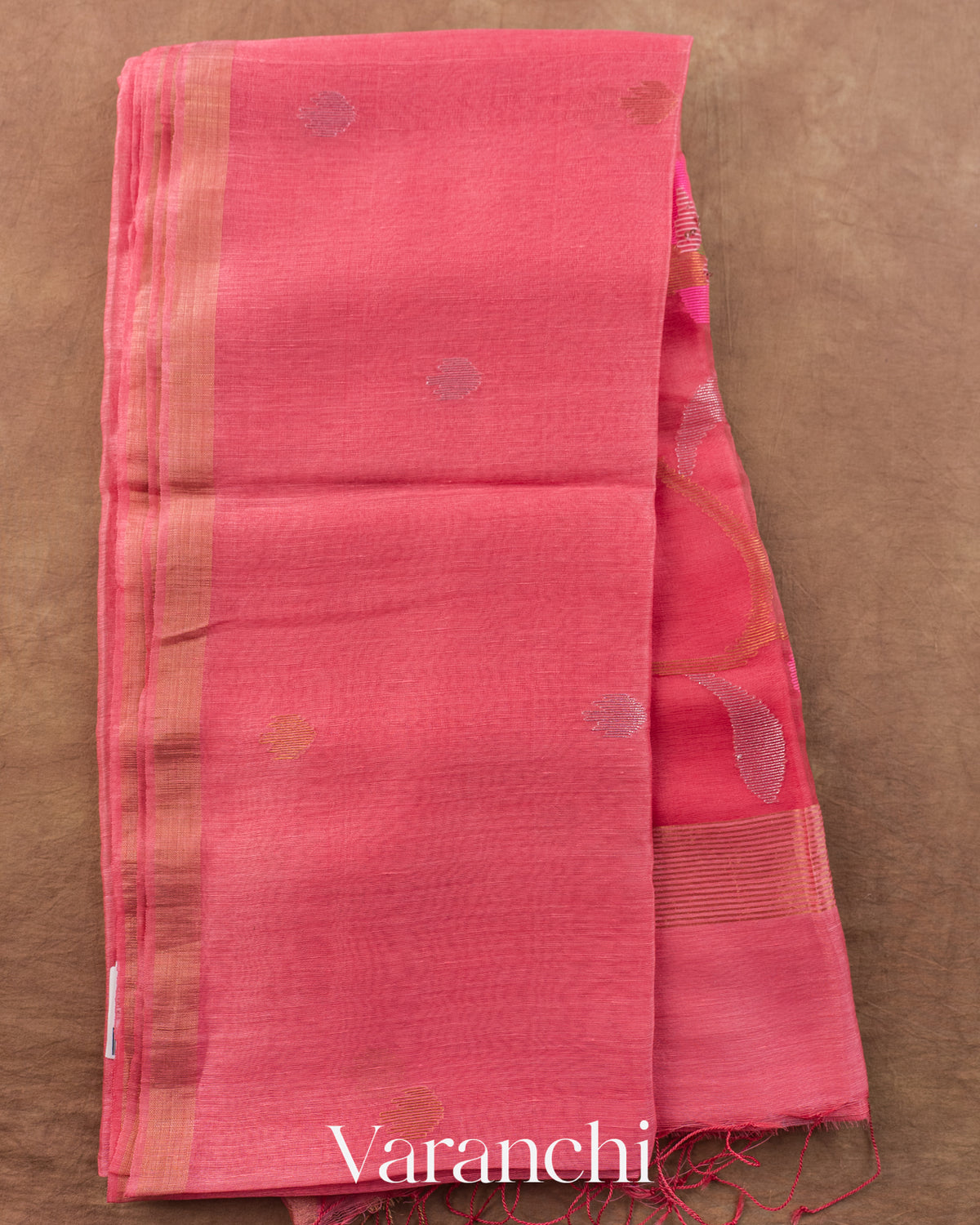 Pink Peach Jamdani Pure Silk Linen Handloom Saree — Full Saree