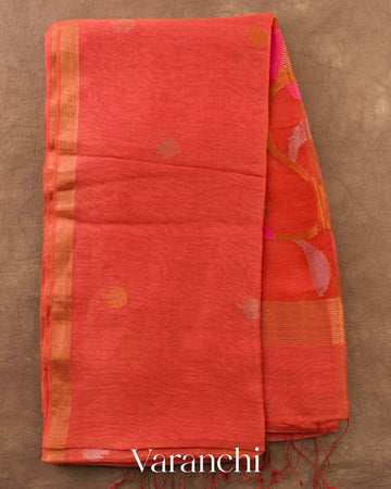 Burnt Orange Jamdani Pure Silk Linen Handloom Saree — Full Saree