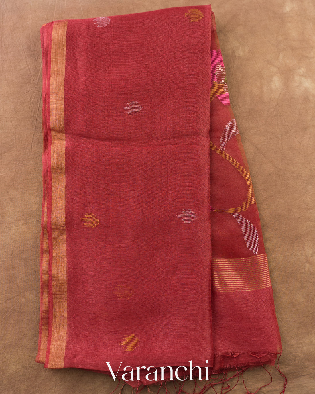 Light Burgandy Jamdani Pure Silk Linen Handloom Saree — Full Saree