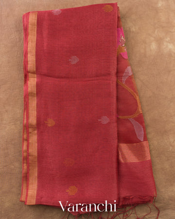 Light Burgandy Jamdani Pure Silk Linen Handloom Saree — Full Saree