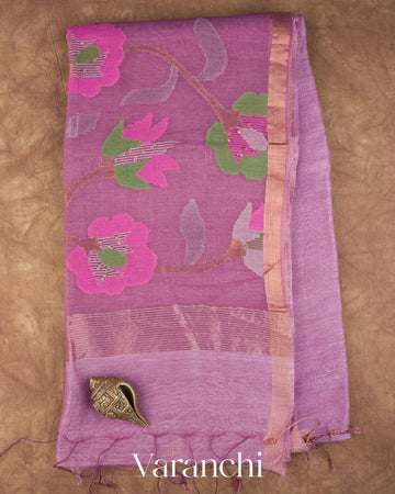 Lavender Jamdani Pure Silk Linen Handloom Saree — Full Saree