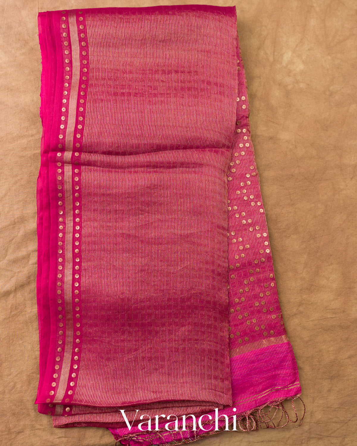 Rani Pink with Sequin Embroidery Pure Muslin Silk Handloom Saree — Full Saree