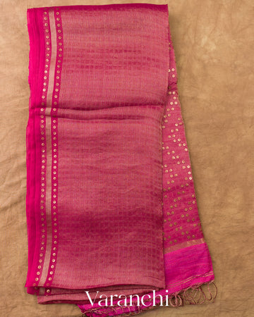 Rani Pink with Sequin Embroidery Pure Muslin Silk Handloom Saree — Full Saree