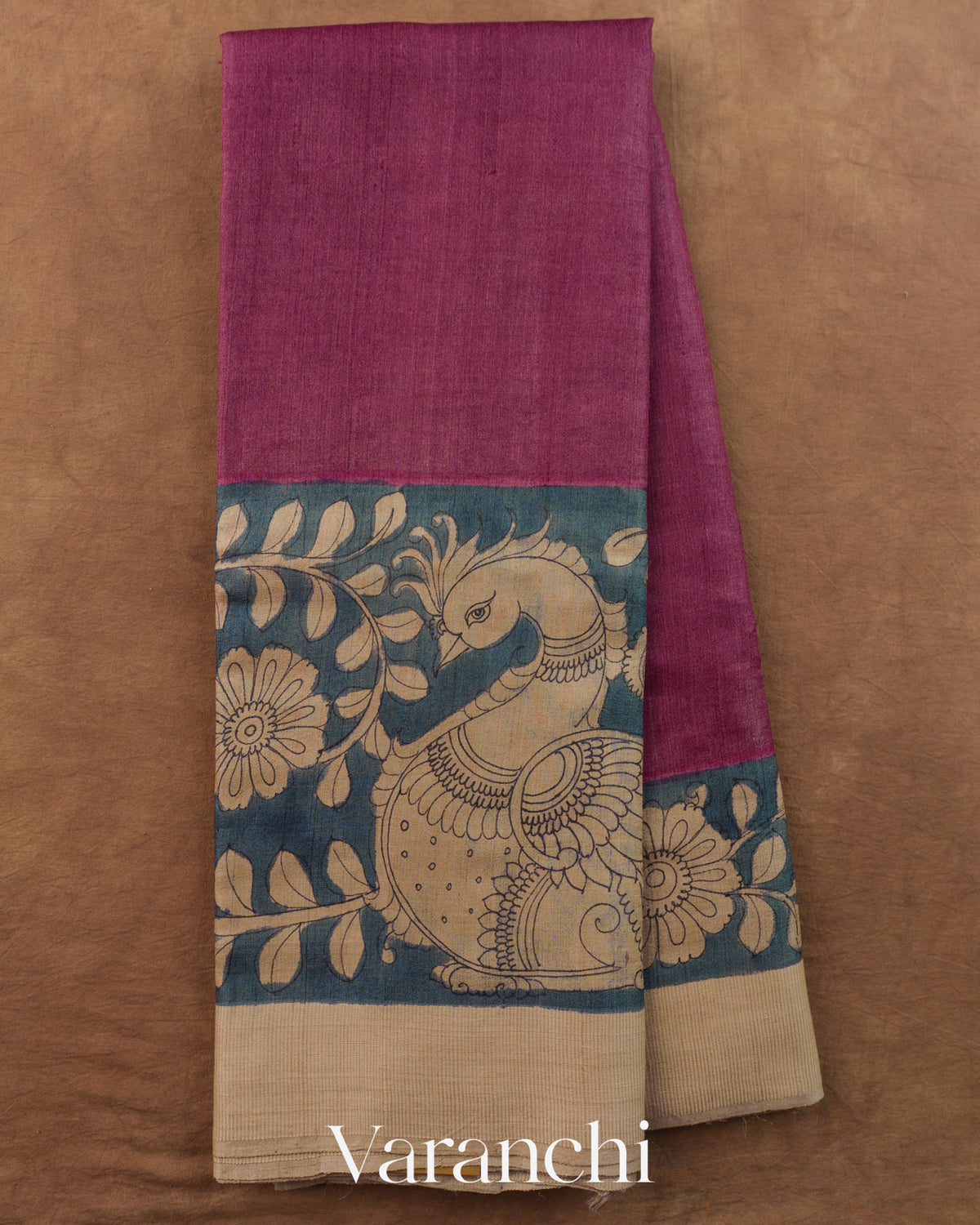 Magenta Kalamkari Printed Pure Tussar Silk Saree — Full Saree