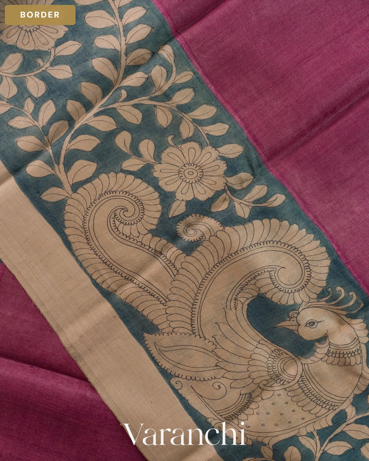 Magenta Kalamkari Printed Pure Tussar Silk Saree — Border
