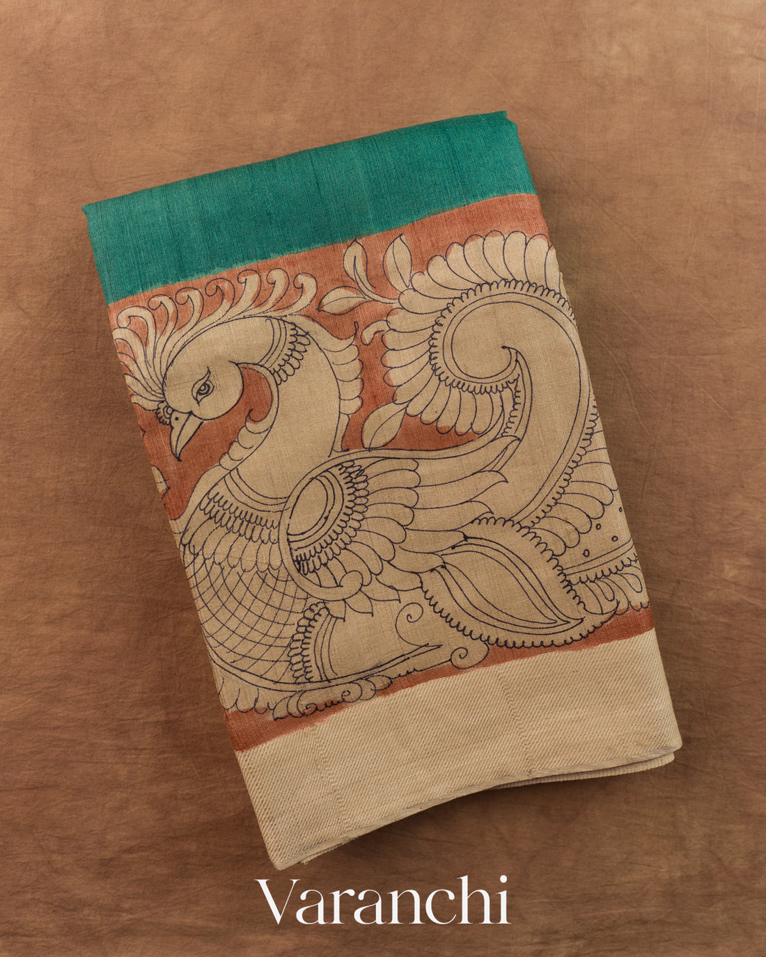 Teal Blue Kalamkari Handpainted Pure Tussar Silk Handloom Saree — Folded