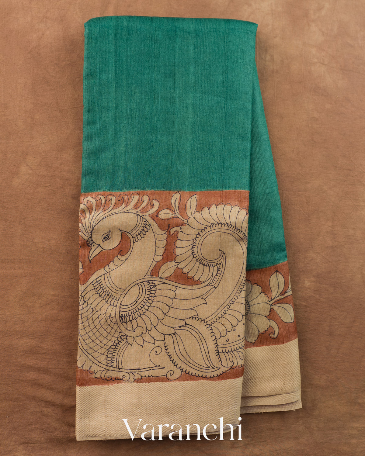 Teal Blue Kalamkari Printed Pure Tussar Silk Saree — Full Saree