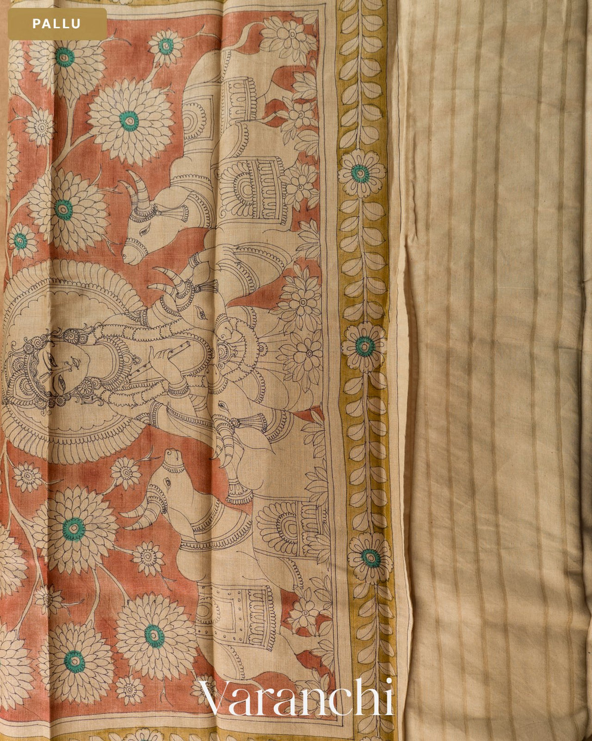 Teal Blue Kalamkari Printed Pure Tussar Silk Saree — Pallu