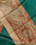 Teal Blue Kalamkari Printed Pure Tussar Silk Saree — Border