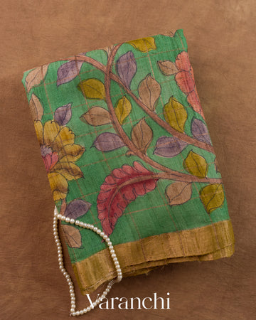 Sea Green Kalamkari Printed Pure Tussar Silk Saree — Folded