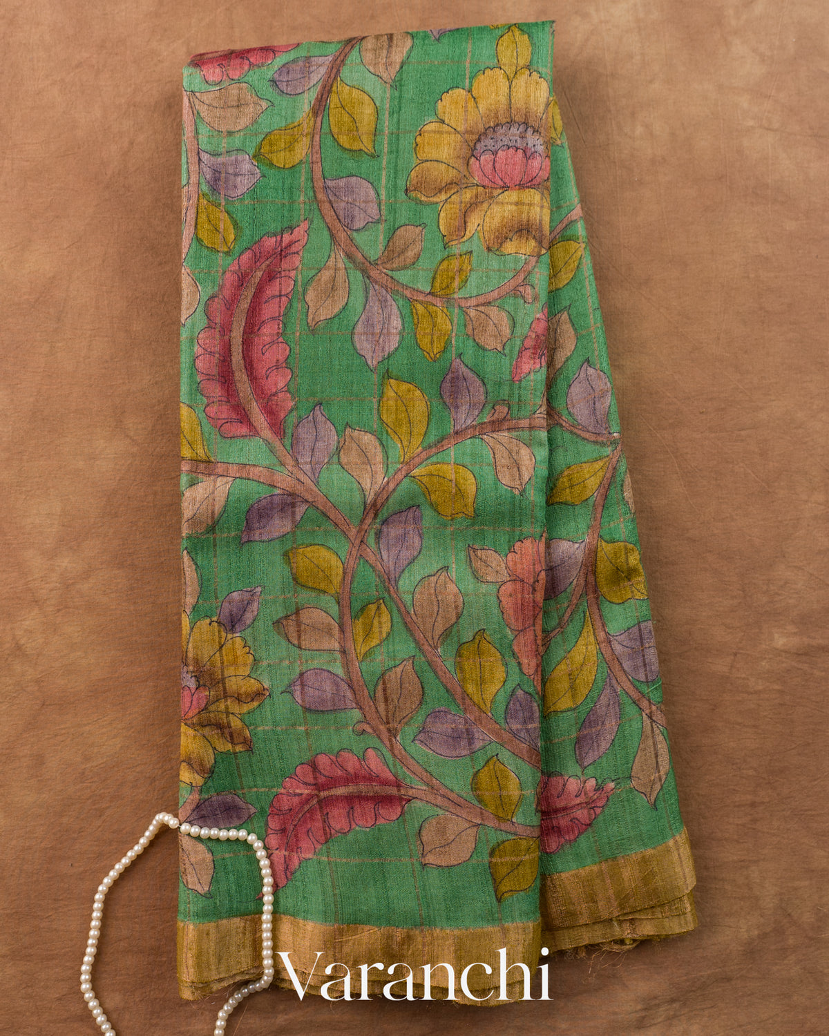 Sea Green Kalamkari Printed Pure Tussar Silk Saree — Full Saree