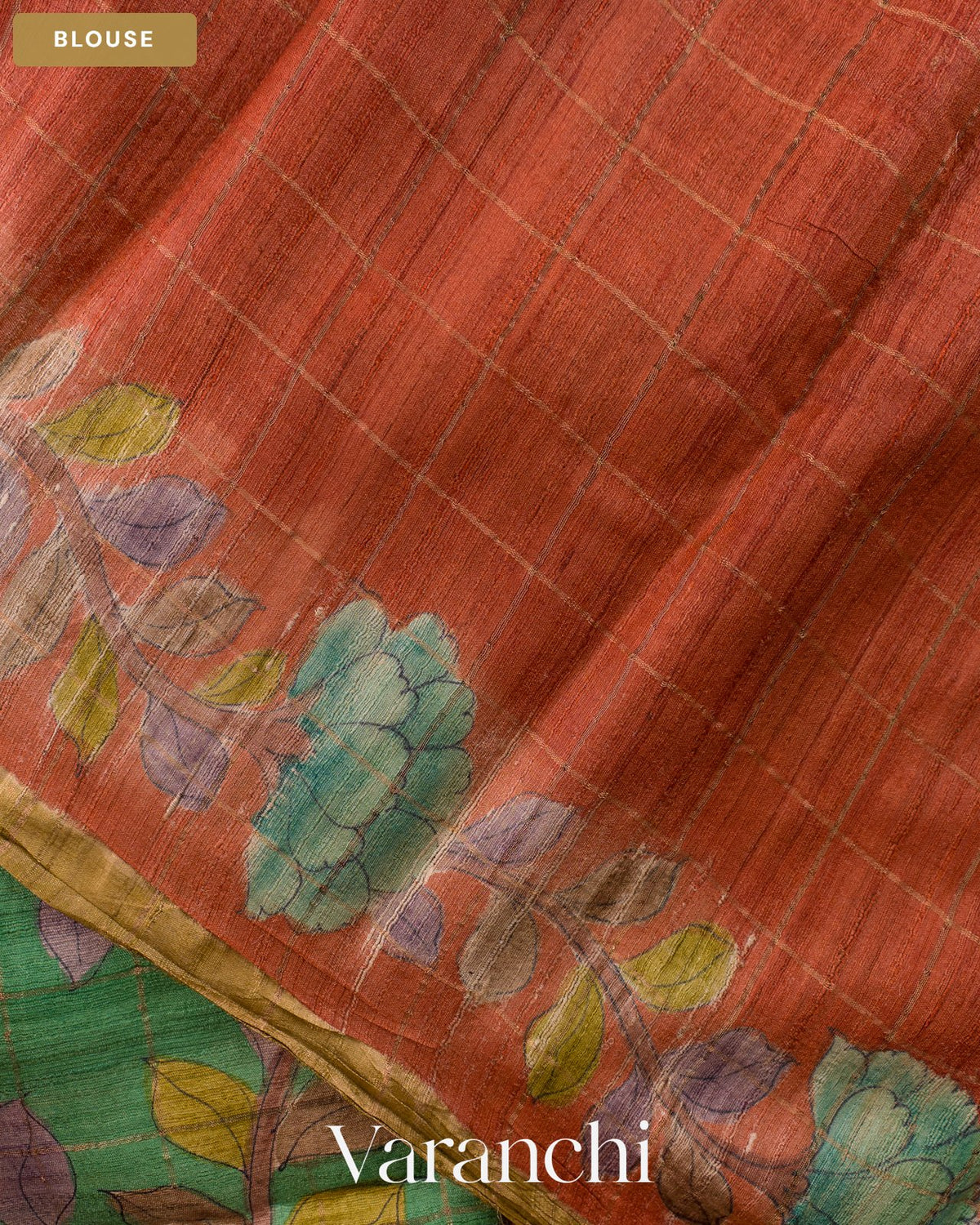 Sea Green Kalamkari Printed Pure Tussar Silk Saree — Blouse