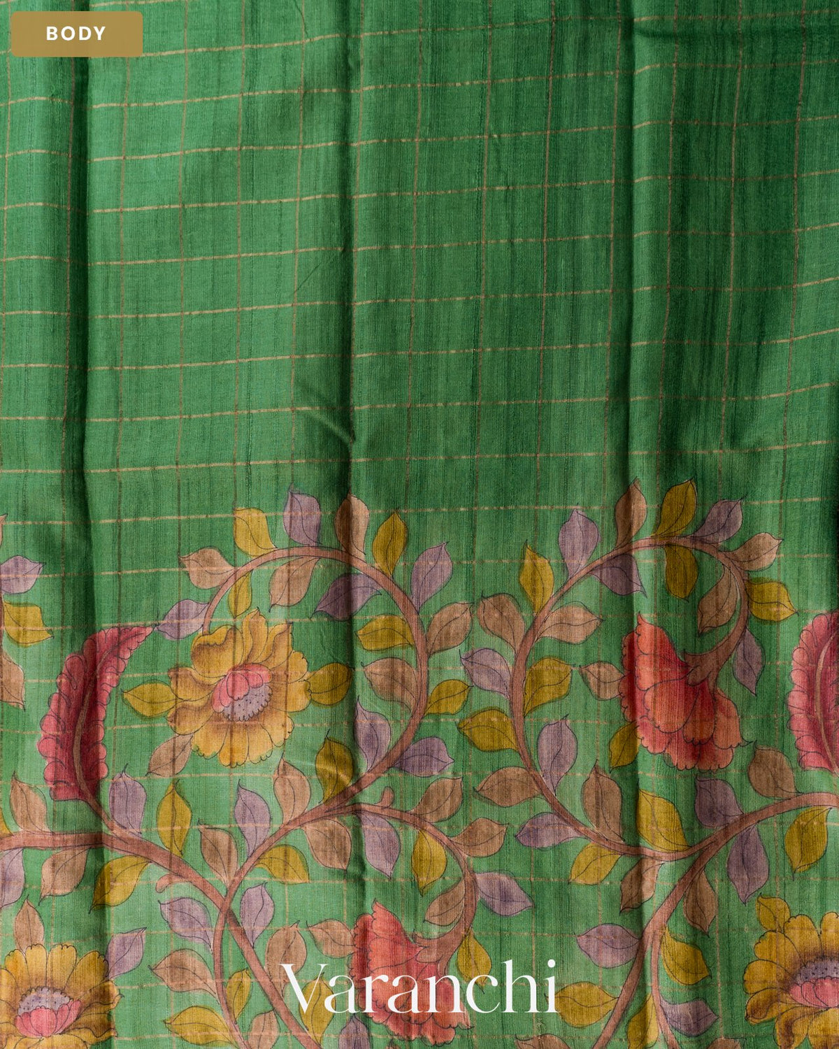 Sea Green Kalamkari Printed Pure Tussar Silk Saree — Body