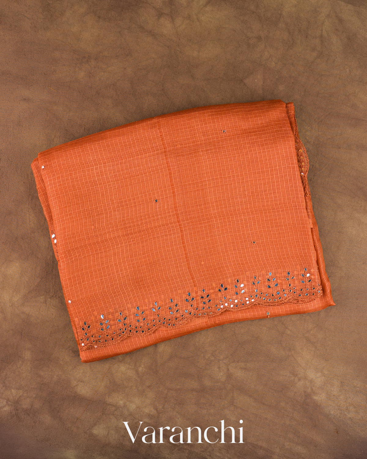 Rust Orange Mirror-Embroidered Pure Kota Tussar Silk Handloom Saree — Folded