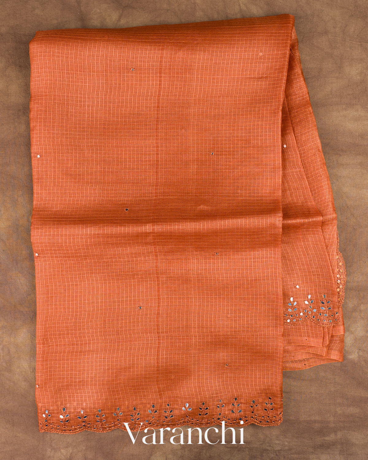 Rust Orange Mirror-Embroidered Pure Kota Tussar Silk Handloom Saree — Full Saree