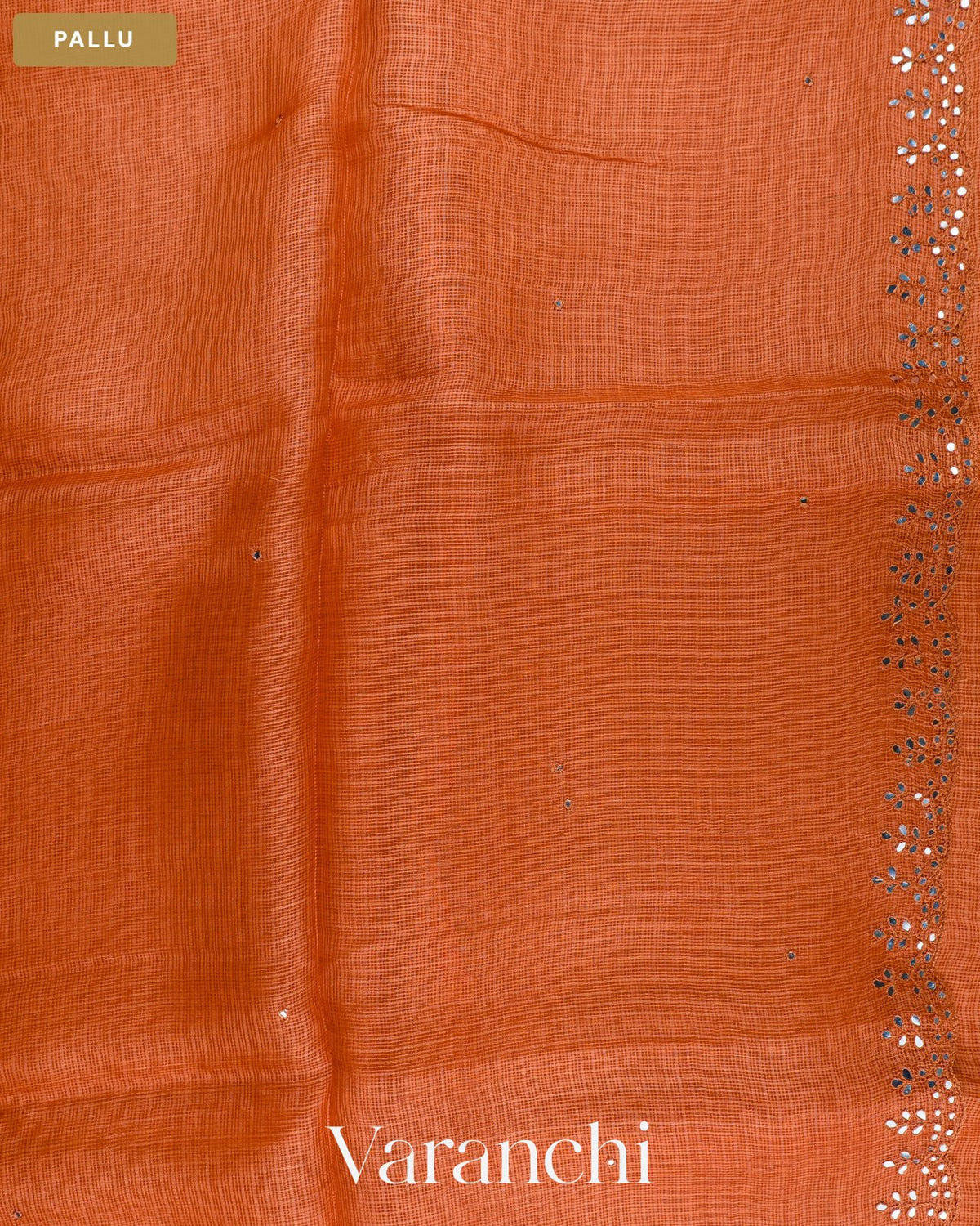 Rust Orange Mirror-Embroidered Pure Kota Tussar Silk Handloom Saree — Pallu