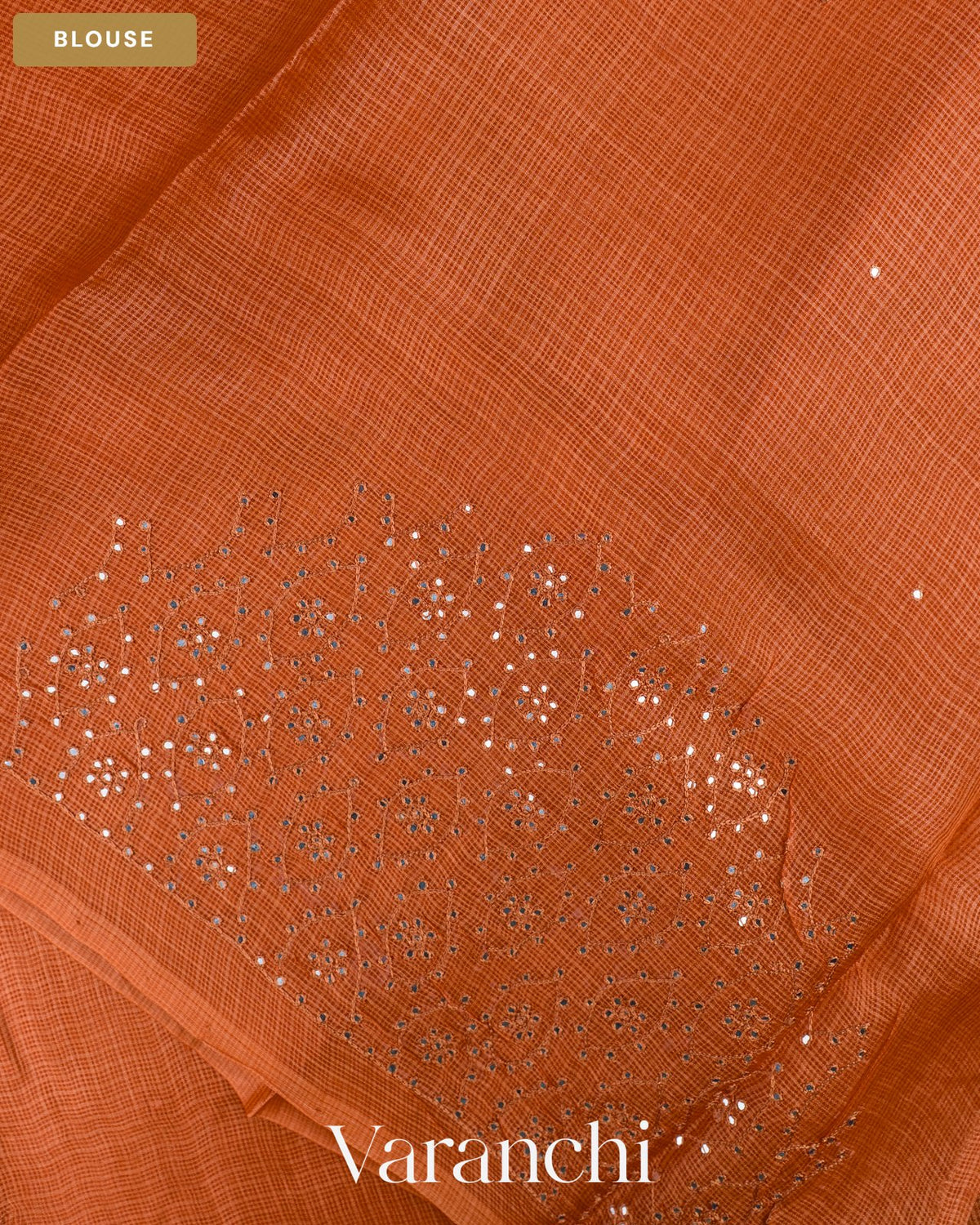 Rust Orange Mirror-Embroidered Pure Kota Tussar Silk Handloom Saree — Blouse